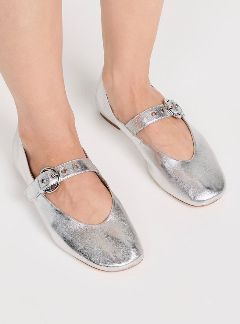 Reformation Shoes Womens 9.5 Bethany Ballet Flat Silver Mary Jane Leather Luxury